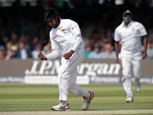Nuwan Pradeep celebrates after bowling out James Vince. (REUTERS) Nuwan Pradeep celebrates after bowling out James Vince. (REUTERS)