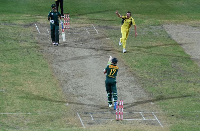 AB de Villiers (#17) is castled by Josh Hazlewood.  (AFP)
