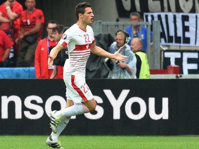 Switzerland's Fabian Schaer celebrates scoring the winning goal against Albania during the group A match at the Bollaert-Delelis Stadium in Lens on June 11, 2016. (AFP) Switzerland's Fabian Schaer celebrates scoring the winning goal against Albania during the group A match at the Bollaert-Delelis Stadium in Lens on June 11, 2016. (AFP)