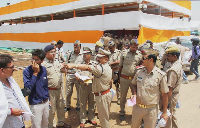 Policemen on Saturday check security arrangements at KP Ground in Allahabad, the venue for the 'Rashtriya Karyakarini' meeting of BJP. (PTI) Policemen on Saturday check security arrangements at KP Ground in Allahabad, the venue for the 'Rashtriya Karyakarini' meeting of BJP. (PTI)