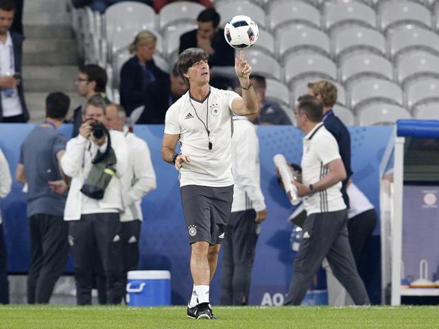 The German team during a training session on the eve of their opener against Ukraine on Sunday. (AP) The German team during a training session on the eve of their opener against Ukraine on Sunday. (AP)