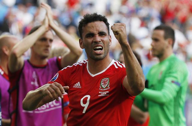 Wales' Hal Robson-Kanu celebrates at the end of the match. (Reuters Photo) Wales' Hal Robson-Kanu celebrates at the end of the match. (Reuters Photo)