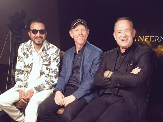 Irrfan, director Ron Howard and Tom Hanks promoting their upcoming movie, Inferno in Singapore. (Twitter) Irrfan, director Ron Howard and Tom Hanks promoting their upcoming movie, Inferno in Singapore. (Twitter)