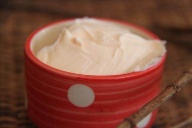 Home-made moisturiser made with cocoa butter and coconut oil.