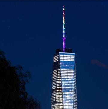 One World Trade Centre lit up in the colours of the gay pride flag in memory of the victims of the Orlando massacre. One World Trade Centre lit up in the colours of the gay pride flag in memory of the victims of the Orlando massacre.