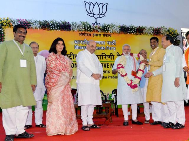 Prime Minister Narendra Modi is garlanded by party leaders during the BJP’s national executive meet in Allahabad on Sunday. (PTI) Prime Minister Narendra Modi is garlanded by party leaders during the BJP’s national executive meet in Allahabad on Sunday. (PTI)