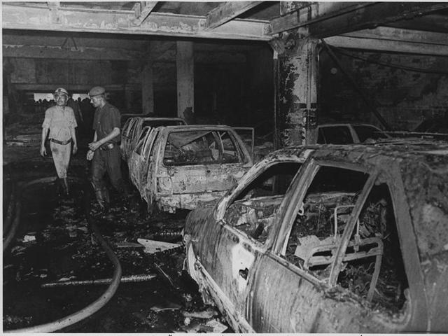 Remains of cars gutted in the fire at the basement parking space. (Prakash Singh/HT File PHOTO)