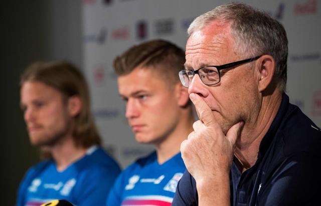 Iceland's Swedish coach Lars Lagerbaeck speaks seated next to midfielder Birkir Bjarnason (L) and forward Alfred Finnbogason during a Euro 2016 press conference in Annecy. (AFP) Iceland's Swedish coach Lars Lagerbaeck speaks seated next to midfielder Birkir Bjarnason (L) and forward Alfred Finnbogason during a Euro 2016 press conference in Annecy. (AFP)
