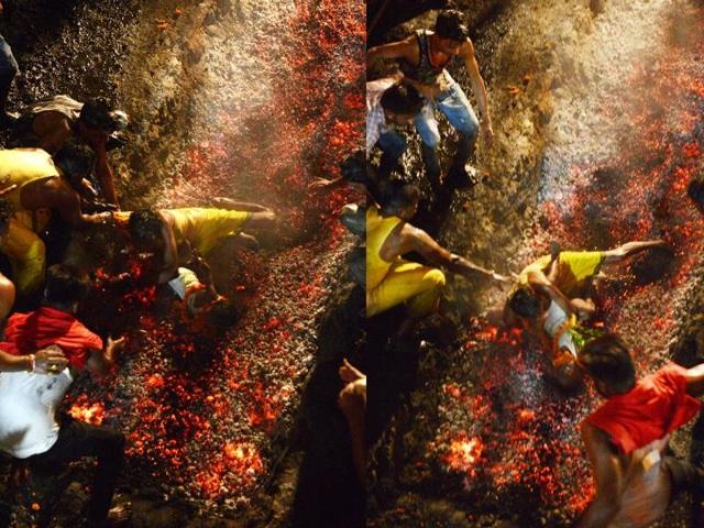 This combination of photographs shows a devotee dropping his six-year-old son Kartik as he falls while running on burning coals at the Maa Maariamma Mela event in Jalandhar on June 12, 2016. (AFP Photo) This combination of photographs shows a devotee dropping his six-year-old son Kartik as he falls while running on burning coals at the Maa Maariamma Mela event in Jalandhar on June 12, 2016. (AFP Photo)