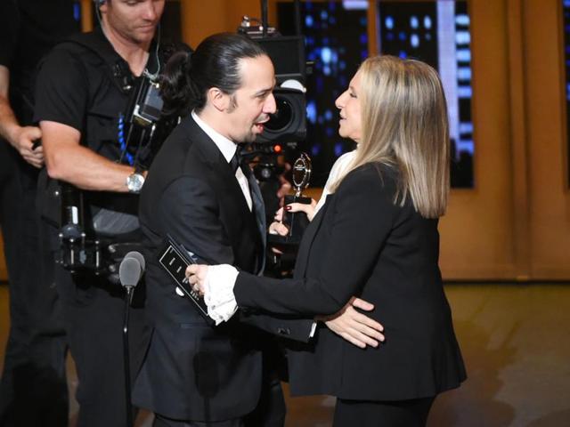 Barbra Streisand, right, presents the award for best musical to Lin-Manuel Miranda of Hamilton at the Tony Awards at the Beacon Theatre on Sunday. (Evan Agostini/Invision/AP) Barbra Streisand, right, presents the award for best musical to Lin-Manuel Miranda of Hamilton at the Tony Awards at the Beacon Theatre on Sunday. (Evan Agostini/Invision/AP)