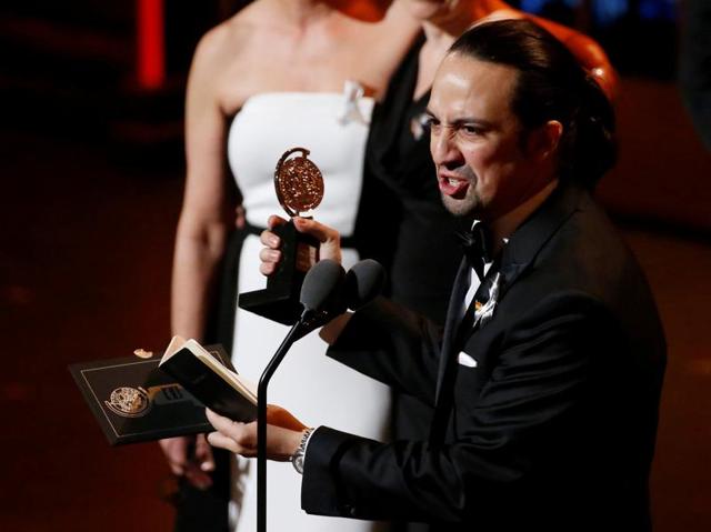 Lin-Manuel Miranda of Hamilton accepts the award for best book of a musical. (REUTERS) Lin-Manuel Miranda of Hamilton accepts the award for best book of a musical. (REUTERS)