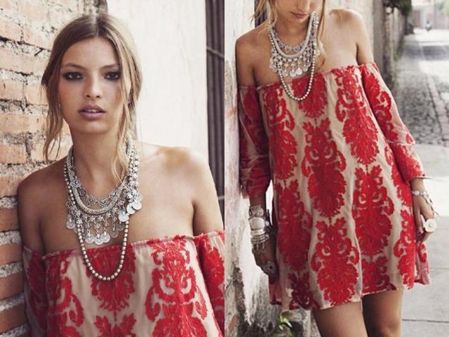 Red embroidery mini dress: Dip a toe into the wild side of style with a bohemian red embroidery off-shoulder shift mini dress, whose rich rouge embroidery is a statement in itself. (Pinterest) 