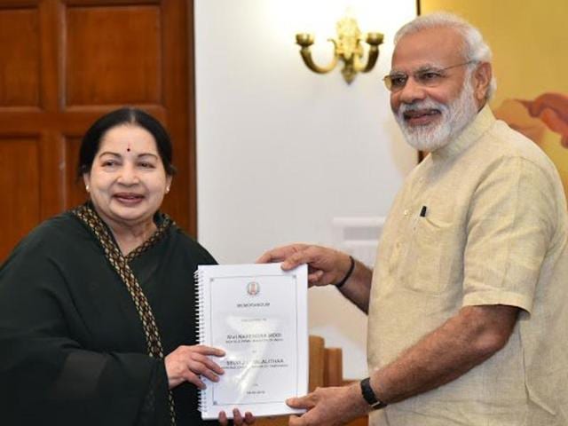 Tamil Nadu chief minister J Jayalalithaa with Prime Minister Narendra Modi in New Delhi on Tuesday. (PIB) Tamil Nadu chief minister J Jayalalithaa with Prime Minister Narendra Modi in New Delhi on Tuesday. (PIB)