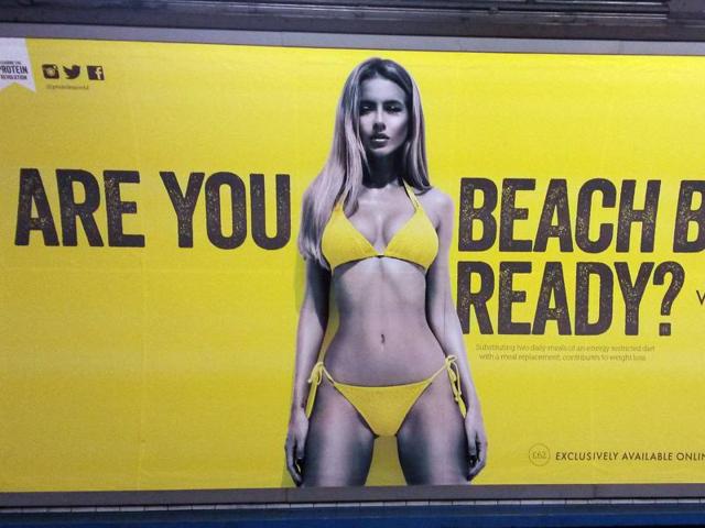 File photo of a Protein World advertisement displayed in an underground station in London. Mayor Sadiq Khan has banned advertising that promotes unhealthy body images on the city's subway network. Starting July, Transport for London will not allow ads that cause pressure to conform to "unrealistic or unhealthy body shape". (AP) File photo of a Protein World advertisement displayed in an underground station in London. Mayor Sadiq Khan has banned advertising that promotes unhealthy body images on the city's subway network. Starting July, Transport for London will not allow ads that cause pressure to conform to "unrealistic or unhealthy body shape". (AP)