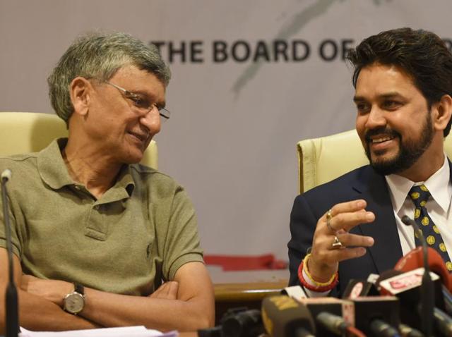BCCI president Anurag Thakur (right)speaks with BCCI secretary Ajay Shirke during a press conference in Mumbai. (AFP Photo) BCCI president Anurag Thakur (right)speaks with BCCI secretary Ajay Shirke during a press conference in Mumbai. (AFP Photo)