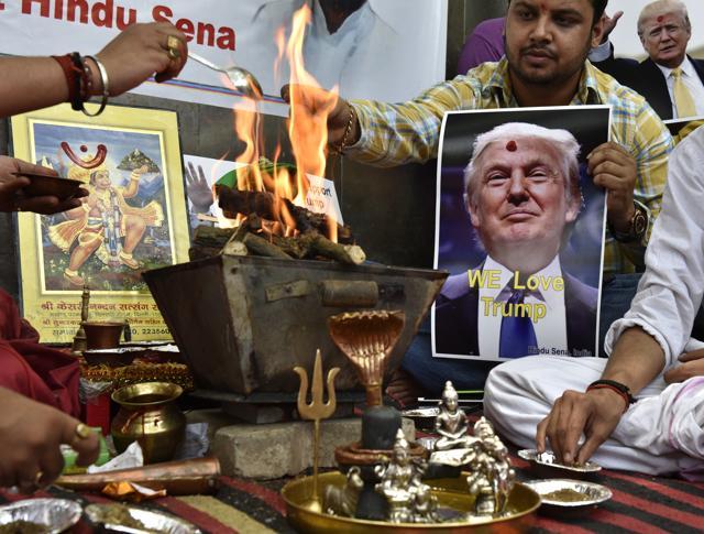 Hindu Sena had organised a hawan in support of Donald Trump at Jantar Mantar in New Delhi on May 11, 2016. (Arvind Yadav/HT file photo) Hindu Sena had organised a hawan in support of Donald Trump at Jantar Mantar in New Delhi on May 11, 2016. (Arvind Yadav/HT file photo)