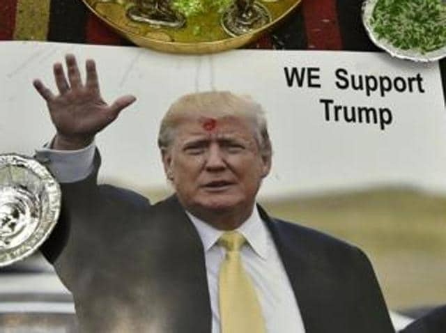 New Delhi , India - May 11, 2016: Hindu Sena organised a hawan in support of Donald Trump at Jantar Mantar in , India, on Wednesday, May 11, 2016. (Photo by Arvind Yadav/ Hindustan Times)(Hindustan Times)