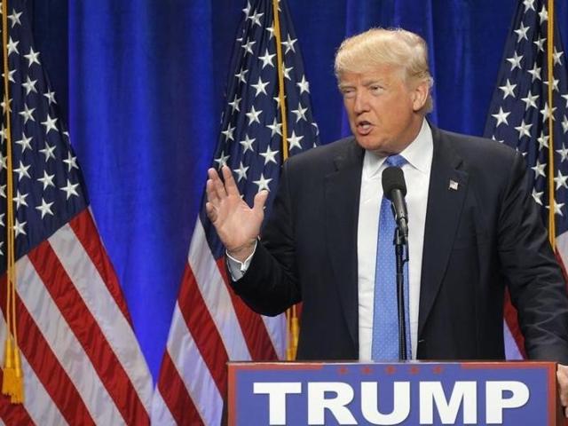 US Republican presidential candidate Donald Trump delivers a campaign speech about national security in Manchester, New Hampshire.