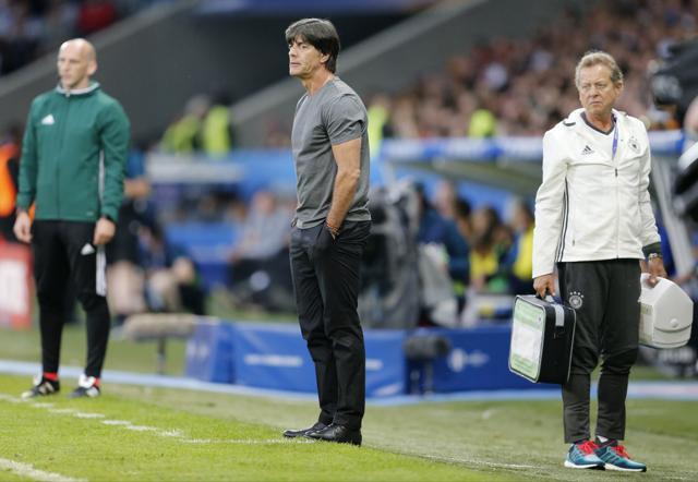 Germany coach Joachim Loew stands on the sidelines during the Euro 2016 Group C football match between Germany and Ukraine. (AP Photo)