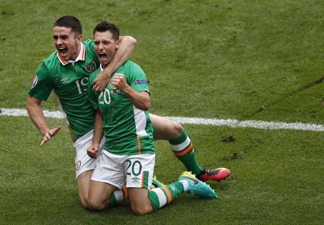 Wes Hoolahan, right, celebrates with Robbie Brady after scoring Ireland’s opening goal. (AP) Wes Hoolahan, right, celebrates with Robbie Brady after scoring Ireland’s opening goal. (AP)