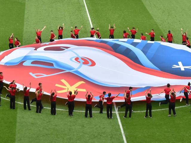 Volunteers display the Euro 2016 logo before the start of the Euro 2016 group F football match between Hungary and Austria at the Matmut Atlantique stadium. (AFP Photo) Volunteers display the Euro 2016 logo before the start of the Euro 2016 group F football match between Hungary and Austria at the Matmut Atlantique stadium. (AFP Photo)