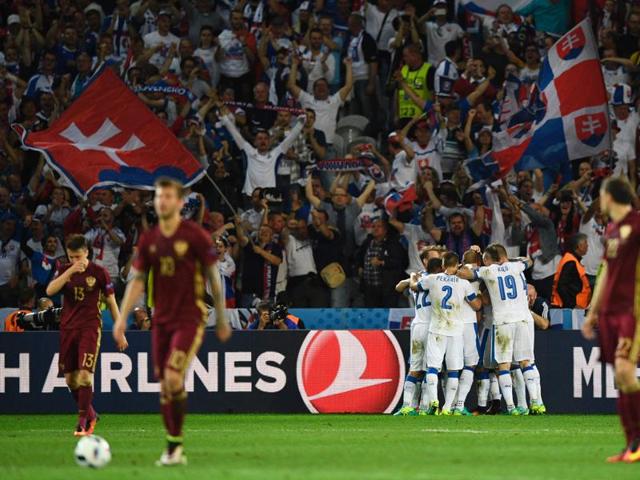 Slovakia's players celebrate a goal during the Euro 2016 group B football match between Russia and Slovakia at the Pierre-Mauroy stadium in Lille. (AFP Photo) Slovakia's players celebrate a goal during the Euro 2016 group B football match between Russia and Slovakia at the Pierre-Mauroy stadium in Lille. (AFP Photo)