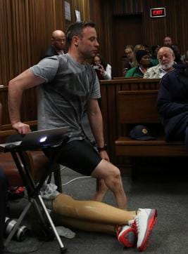 South African Paralympic athlete Oscar Pistorius sits down in the courtroom without his prosthetic legs during his resentencing hearing for the 2013 murder of his girlfriend Reeva Steenkamp at the Pretoria high court. (AFP Photo) South African Paralympic athlete Oscar Pistorius sits down in the courtroom without his prosthetic legs during his resentencing hearing for the 2013 murder of his girlfriend Reeva Steenkamp at the Pretoria high court. (AFP Photo)