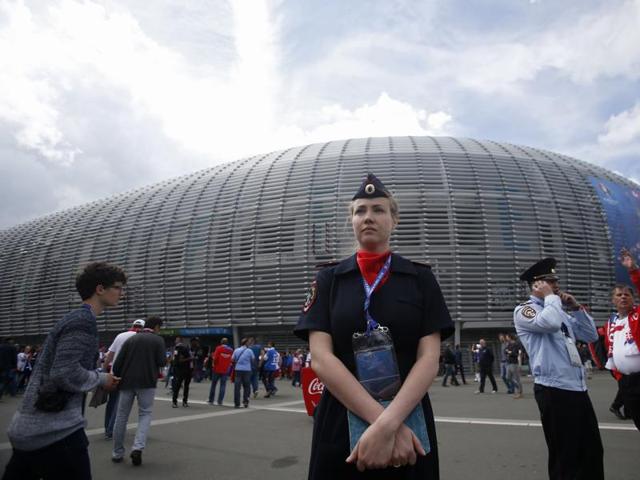 Russian police officers stand guard at the stadium entrance after being called into to bolster security ahead of the Euro 2016 Group B football match against Slovakia. (AP Photo) Russian police officers stand guard at the stadium entrance after being called into to bolster security ahead of the Euro 2016 Group B football match against Slovakia. (AP Photo)