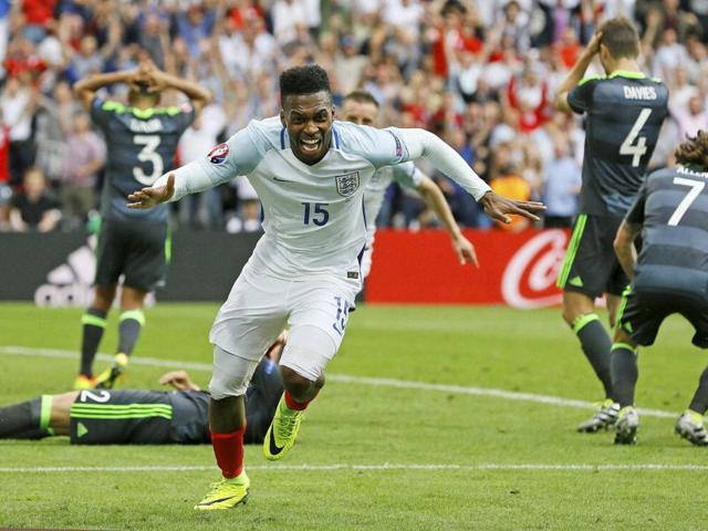 Sturridge sets off to celebrate after scoring the winner for England in injury time. (AP)