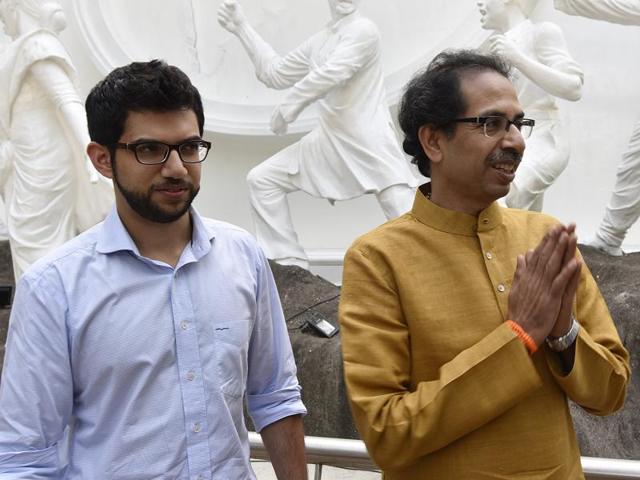 Shiv Sena chief Uddhav Thackeray with his son and Yuva Sena head Aaditya at Samyukta Maharashtra Memorial Museum near Shivaji Park. (Vijayanand Gupta/ HT Photo) Shiv Sena chief Uddhav Thackeray with his son and Yuva Sena head Aaditya at Samyukta Maharashtra Memorial Museum near Shivaji Park. (Vijayanand Gupta/ HT Photo)