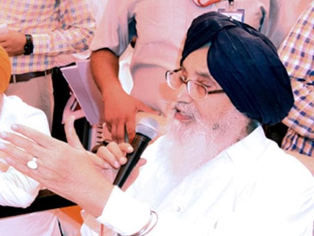 CM Parkash Singh Badal at a ‘sangat darshan’ programme at Malout in Muktsar district on Thursday. (HT Photo)