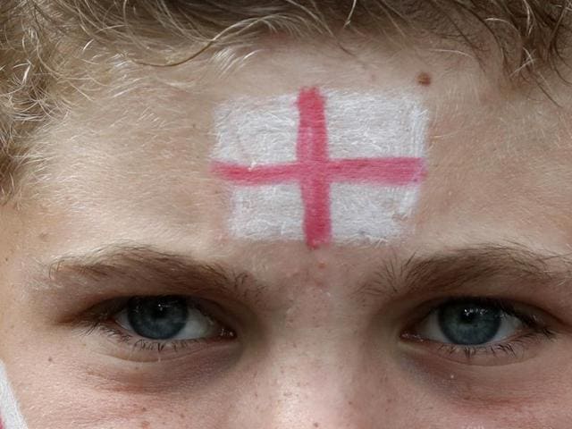 A England fan has the flag painted on his forehead ahead of the ‘Battle of Britain’. (Reuters Photo) 