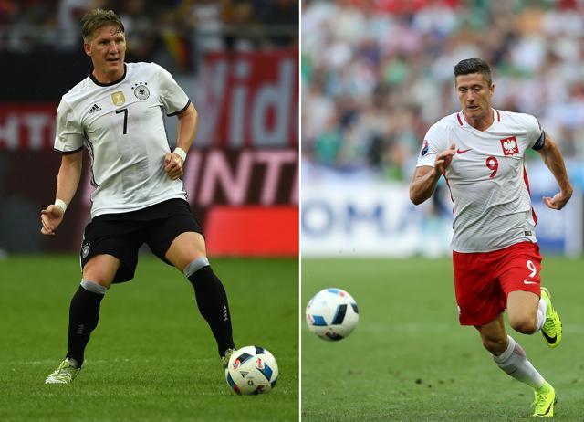 A combination picture of Germany's midfielder and captain Bastian Schweinsteiger (left) and Poland's forward and captain Robert Lewandowski. (AFP Photo) A combination picture of Germany's midfielder and captain Bastian Schweinsteiger (left) and Poland's forward and captain Robert Lewandowski. (AFP Photo)