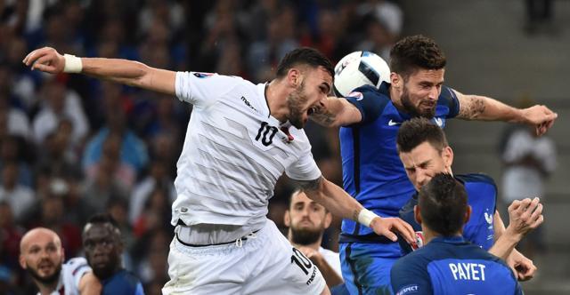 Albania's forward Armando Sadiku (top L) and France's forward Olivier Giroud (top R) vie for the ball. (AFP) Albania's forward Armando Sadiku (top L) and France's forward Olivier Giroud (top R) vie for the ball. (AFP)