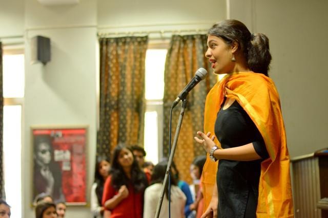 Diksha Bijlani performs one of her poems at Gargi College. (Savi Garg)
