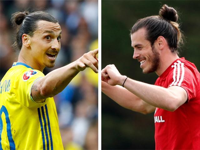 Gareth Bale of Wales flaunts the man-bun where as Zlatan ibrahimovic of Sweden goes for the puny bun. Gareth Bale of Wales flaunts the man-bun where as Zlatan ibrahimovic of Sweden goes for the puny bun.
