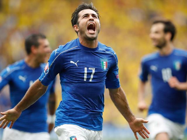 Italy's Eder celebrates after scoring the opening goal during the Euro 2016 Group E football match between Italy and Sweden at the Stadium municipal in Toulouse, France. (AP Photo)