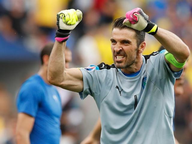Italy goalkeeper Gianluigi Buffon celebrates at the end of the Euro 2016 Group E football match against Sweden. (AP Photo)