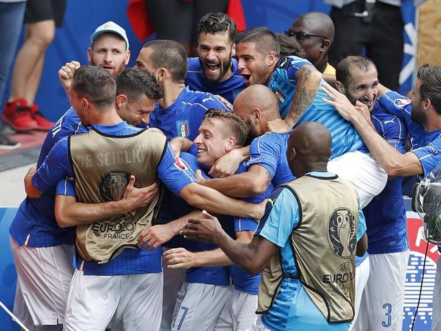Italian players celebrate after Eder scored the opening goal against Sweden at the Stadium municipal in Toulouse. (AP Photo)