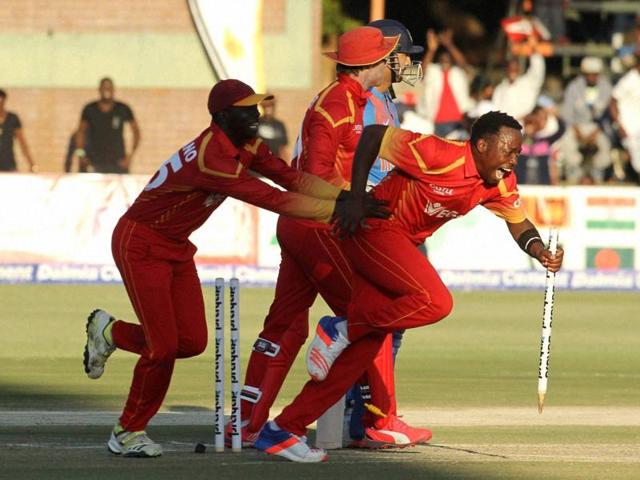 Zimbabwean players celebrate after winning the first T20 International against India at Harare Sports Club, on June, 18, 2016. Zimbabwe lead the three-match series 1-0. (AP) Zimbabwean players celebrate after winning the first T20 International against India at Harare Sports Club, on June, 18, 2016. Zimbabwe lead the three-match series 1-0. (AP)