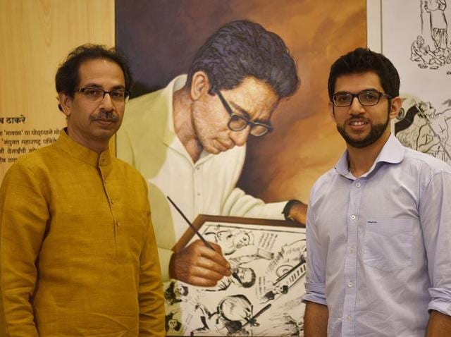 Shiv Sena chief Uddhav Thackeray with his son and Yuva Sena head Aaditya at Samyukta Maharashtra Memorial Museum near Shivaji Park. (Vijayanand Gupta/ HT Photo) Shiv Sena chief Uddhav Thackeray with his son and Yuva Sena head Aaditya at Samyukta Maharashtra Memorial Museum near Shivaji Park. (Vijayanand Gupta/ HT Photo)