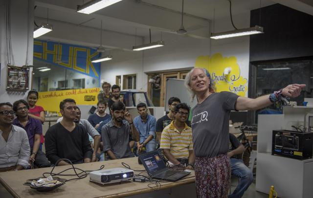 Maker’s Asylum in Mumbai has been one of the iconic makerspaces that helped set up other makerspaces in India. Mitch Altman, international experts on makerspace spoke to members of the space a week ago. (Satish Bate/ HT)