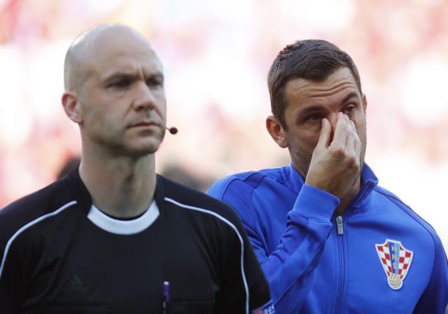 Croatia's Darijo Srna cries during the national anthem before the match. (REUTERS)