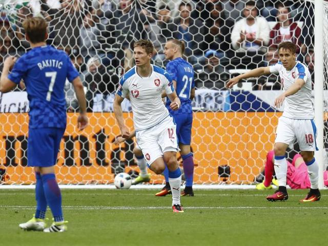 Milan Skoda sets off in celebration of his goal. (REUTERS)