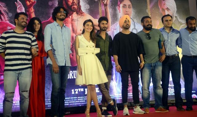 Filmmakers Anurag Kashyap, Abhishek Chaubey, producer Ekta Kapoor, actors Shahid Kapoor, Alia Bhatt and Diljit Dosanjh during a press conference in Mumbai on June 14, 2016. (IANS)