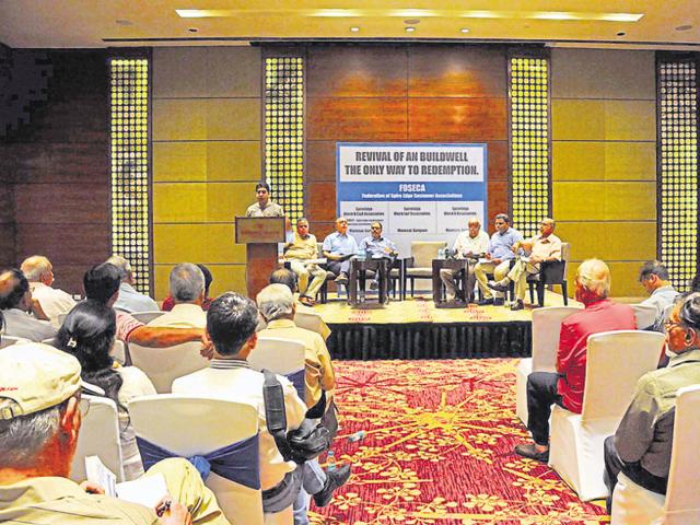 The buyers, who gathered on Saturday, accused the developer of siphoning off Rs 42crore from the investment. (Parveen Kumar/HT Photo) The buyers, who gathered on Saturday, accused the developer of siphoning off Rs 42crore from the investment. (Parveen Kumar/HT Photo)