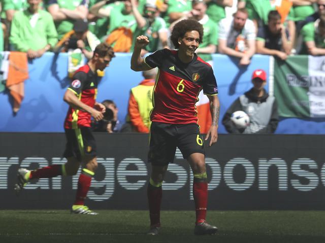 Axel Witsel celebrates after scoring the second goal for Belgium. (AP)