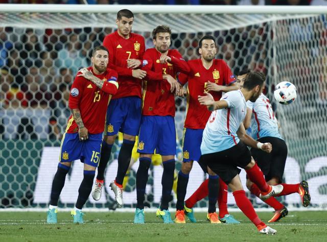 Turkey's Hakan Calhanoglu shoots from a free kick. (Reuters Photo) Turkey's Hakan Calhanoglu shoots from a free kick. (Reuters Photo)