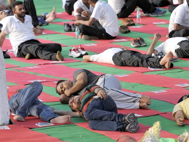 We are assuming that’s a power (yoga) nap! (Keshav Singh/HT Photo)