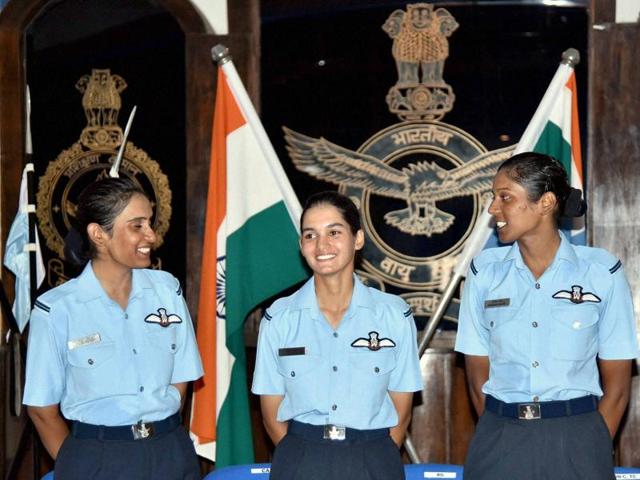 Women fighter pilots Avani Chaturvedi, Bhavana Kanth and Mohana Singh pose for photograph during their Combined Graduation Parade at Air Force Academy in Hyderabad .(PTI Photo)